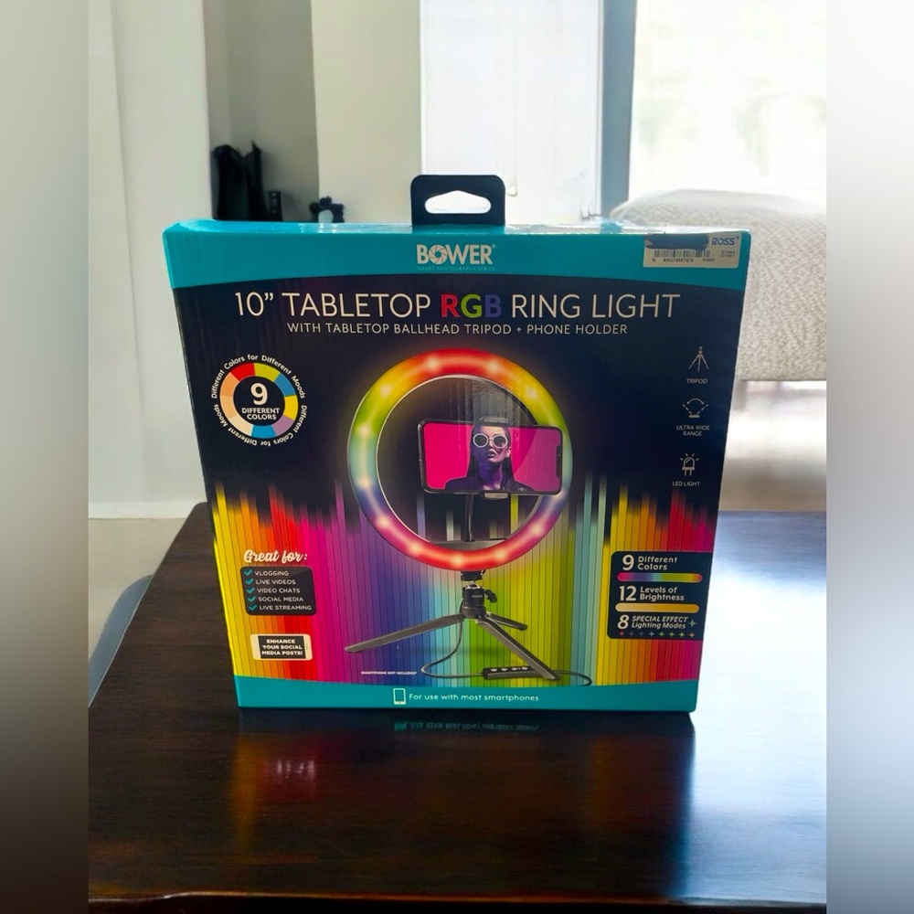 Bower 10 inch tabletop RGB ring light tripod phone holder USB NIB
